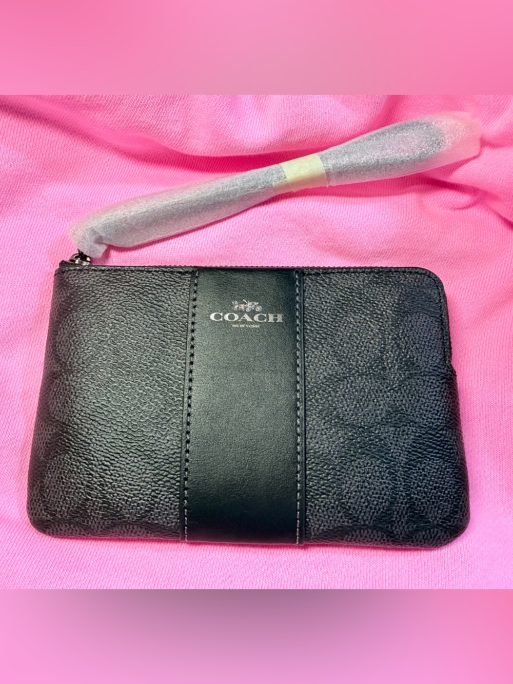 Coach Black Leather Signature Zip Pouch with Center Stripe